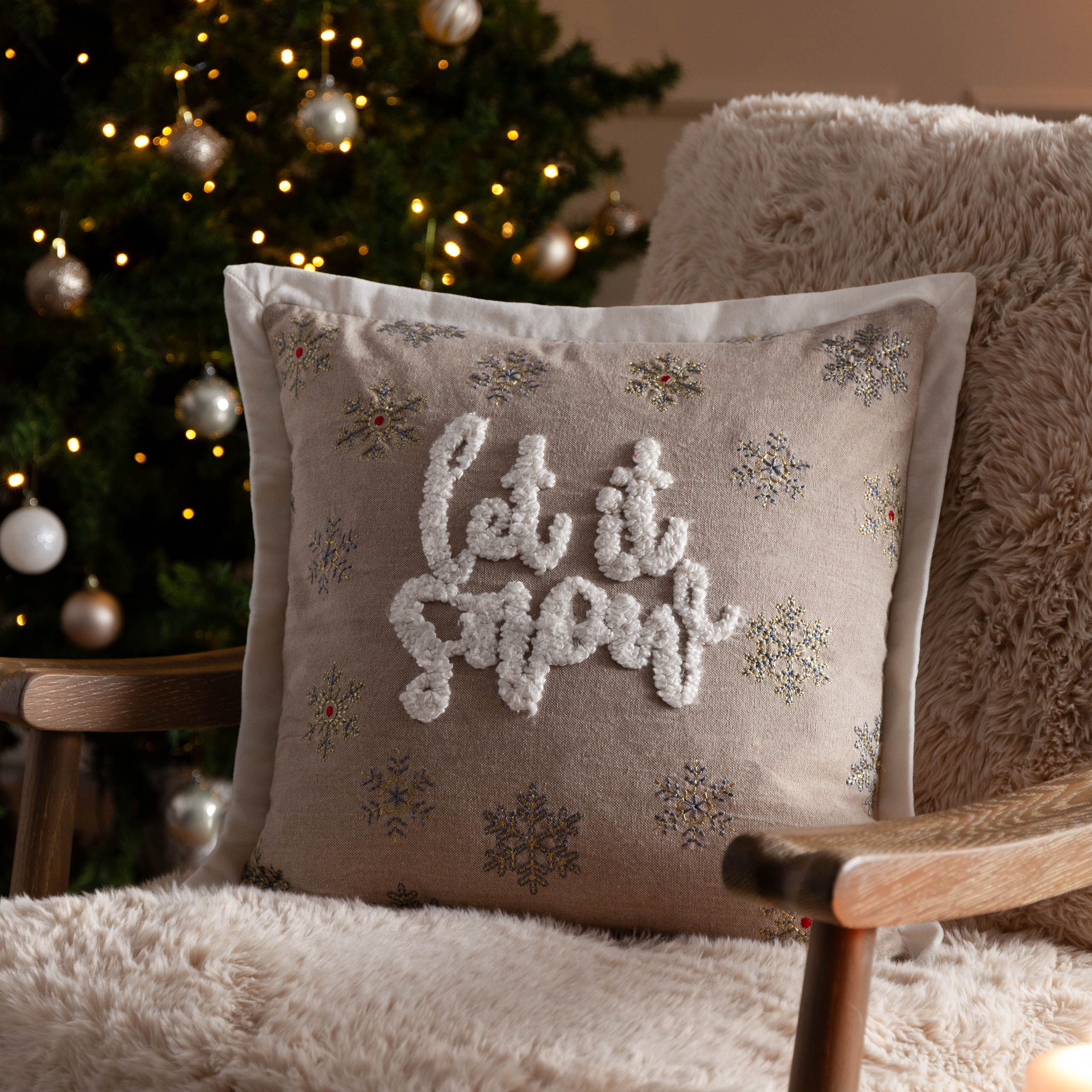 Paoletti Winter Let It Snow Embroidered Cushion in Green