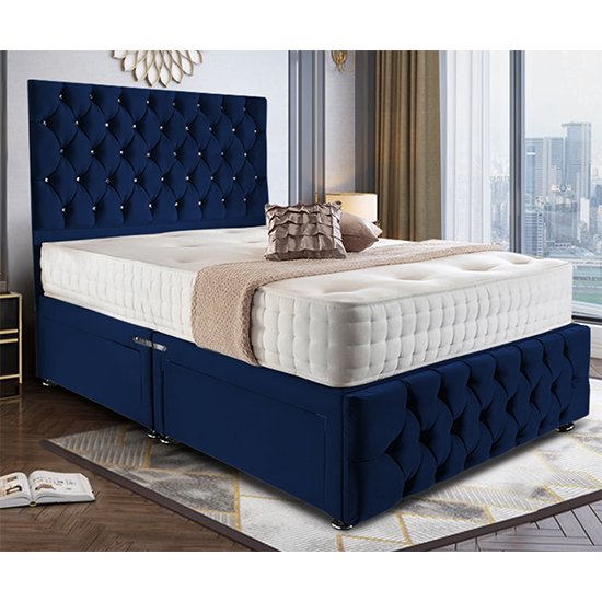 Natchez Plush Velvet Divan Small Double Bed In Blue