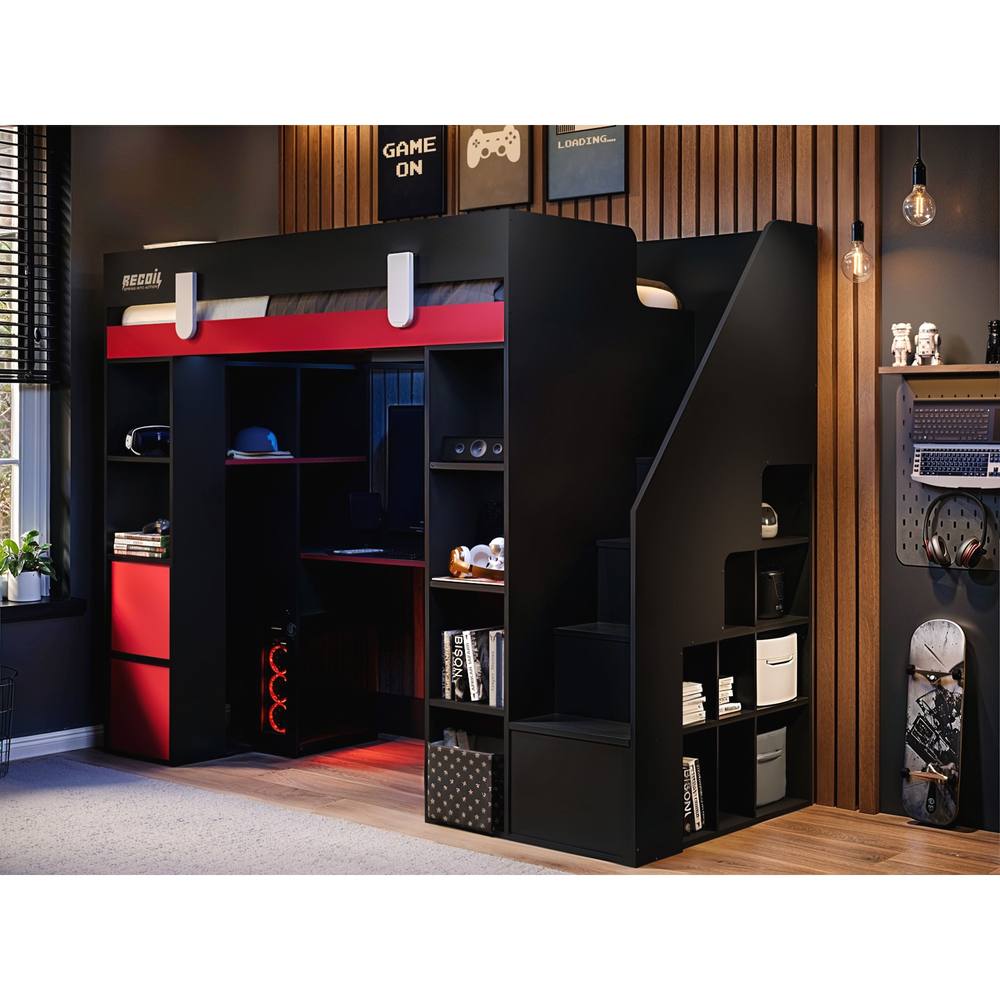 Flair Blaze Staircase Gaming High Sleeper with Storage Black & Red