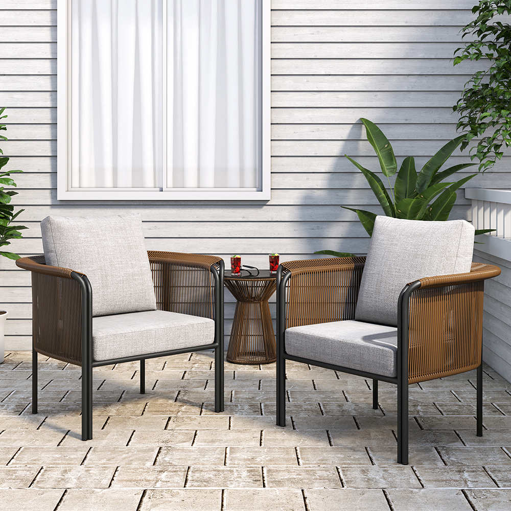 3Pcs Modern Coffee Rattan Outdoor Sofa Set with Glass Top Coffee Table and Gray Cushion