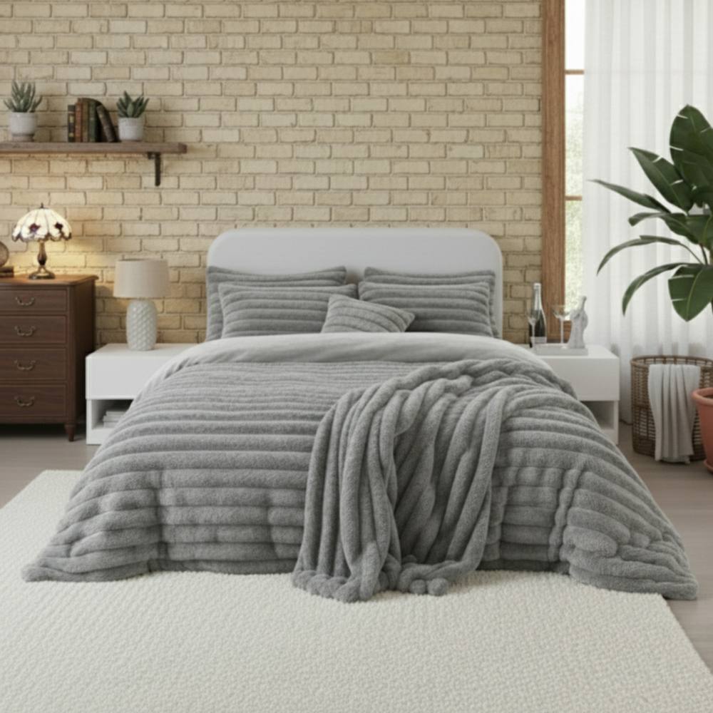 Snug City Luxury Teddy Cord Design Bedding Set Ultra Soft Cozy Stylish Comfort in Silver