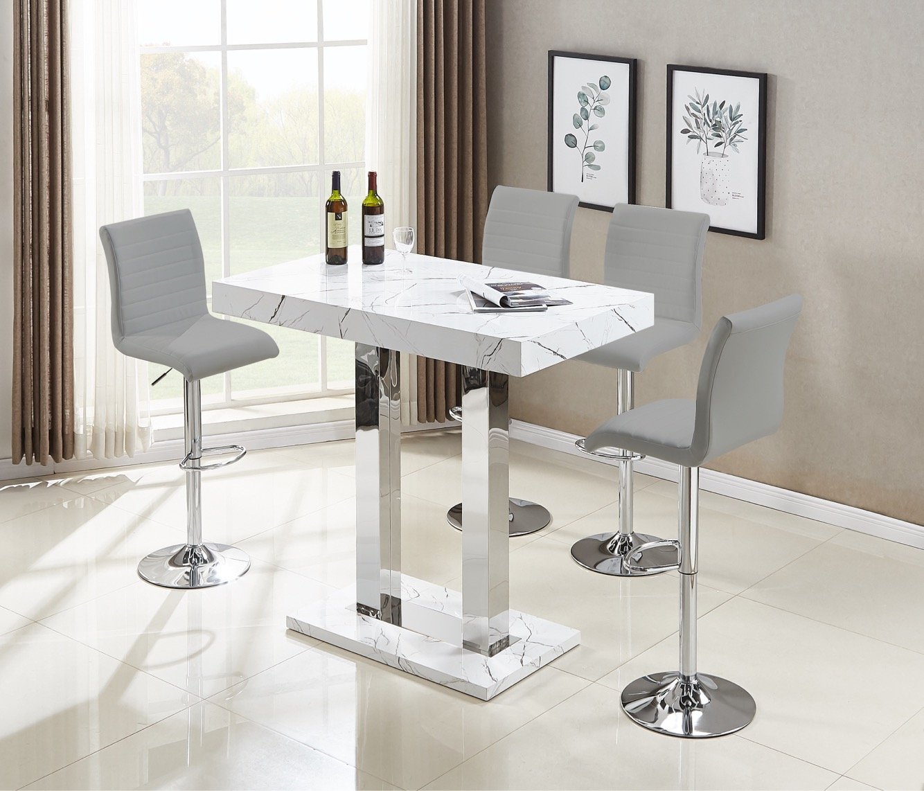 Vida Bar Table In Glossy Marble Effect 4 Ripple Grey Bar Stools