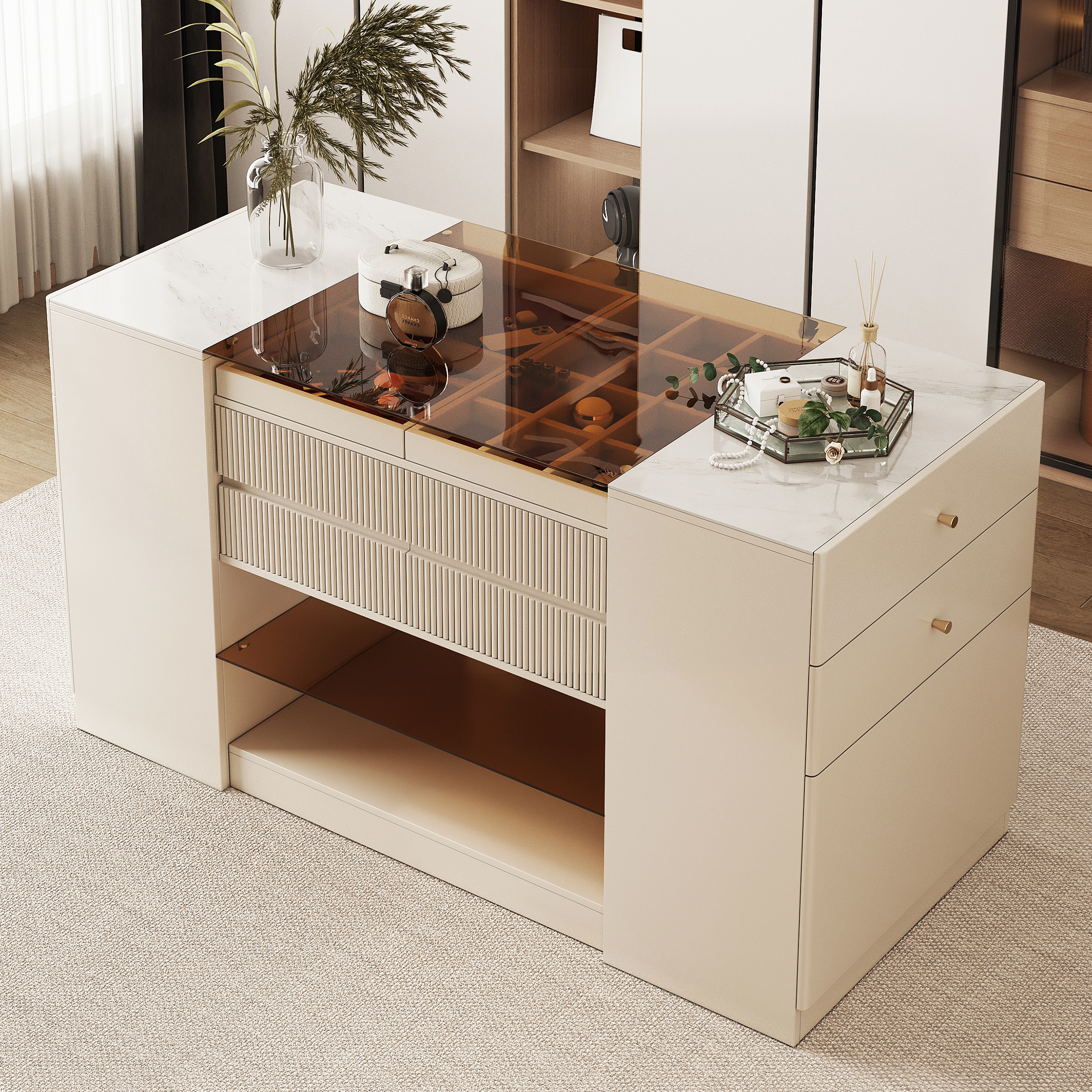 Glass 150 cm Top Dresser Walk-in Wardrobe Island with Jewellery Storage