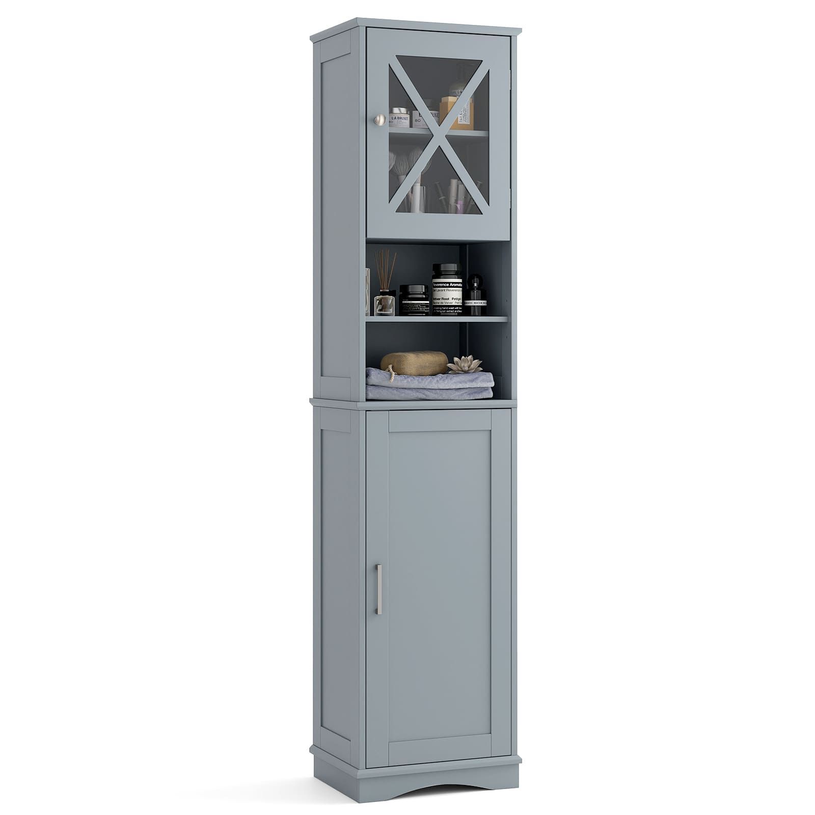Costway 67" Tall Bathroom Cabinet Freestanding Storage Cabinet-Grey in Grey
