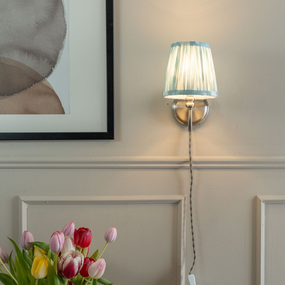 ValueLights Plug In Brushed Chrome Wall Light with Blue Pleated Fabric Tapered Lampshade