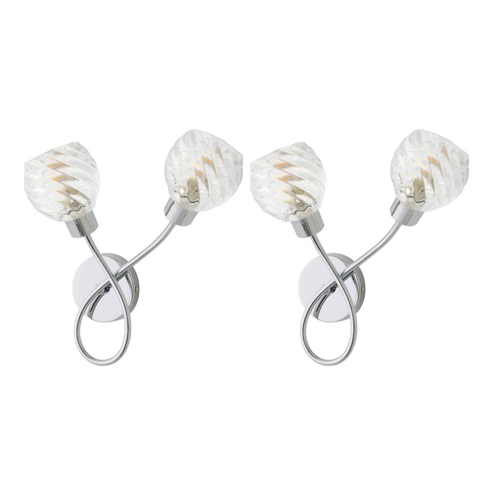 ValueLights Reyka Pair of Chrome 2 Way Swirl Glass Wall Lights with Bulbs in Metallic Silver