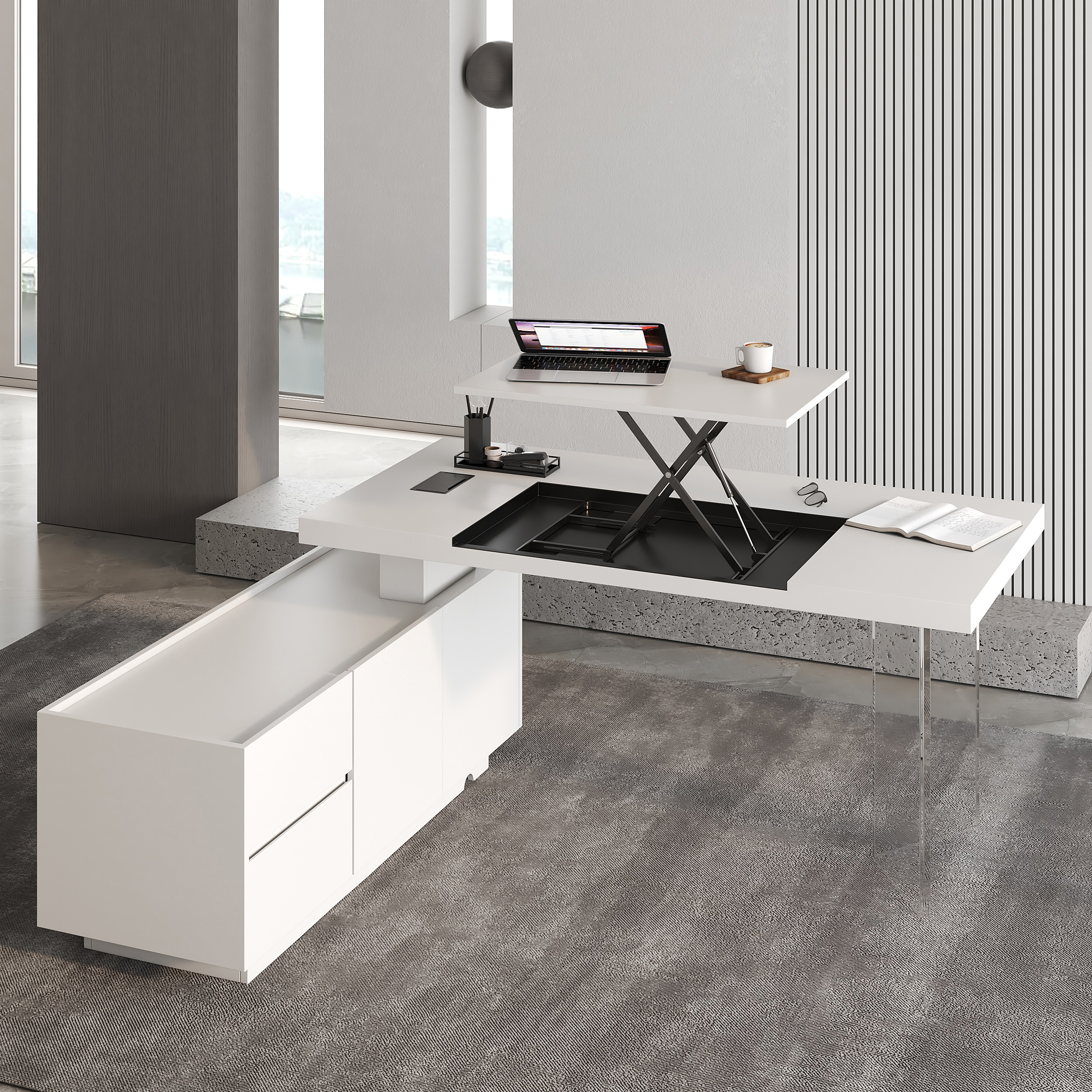 1815mm  Modern White L-Shape Executive Desk with Side Cabinet Height Adjustable Desktop Standing Desk with Clear Arcylic Leg