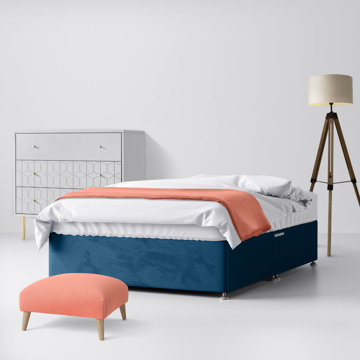 Classic Blue Marine Velvet Fabric No Drawer Divan Bed - 2ft6 Small Single