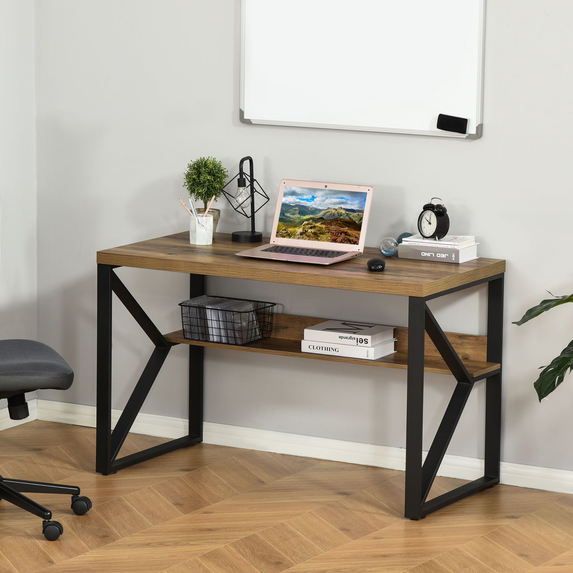 HOMCOM Workstation Computer Desk Table with Storage Shelf Steel Frame Brown