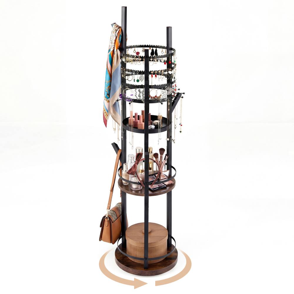 Costway Jewelry Stand Rotating Jewelry Display Tower w/Earring Necklace Holder in Brown 2