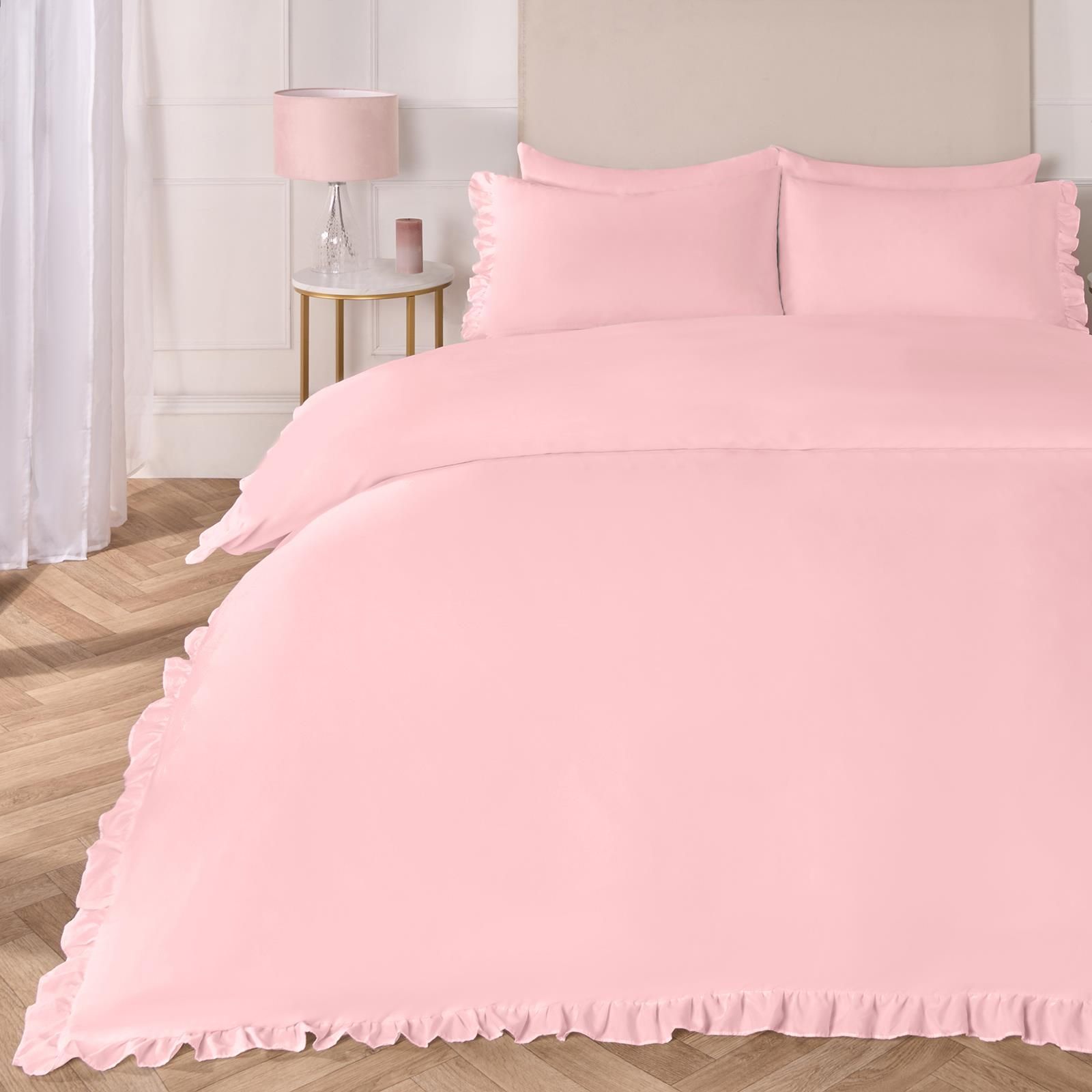 OHS Frill Edge Decor Duvet Cover with Pillowcase Bedding Set in Pink