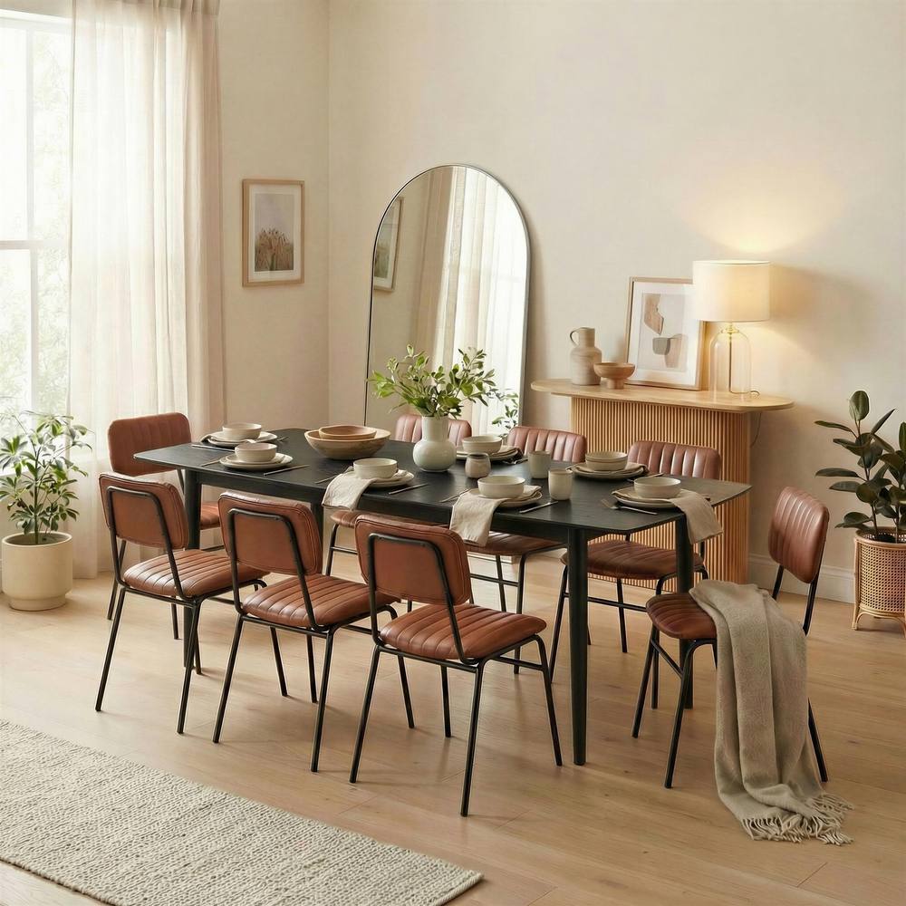 FurnitureboxUK Leif Wood Extending Dining Table with 8 Tan Delta Chairs in Black