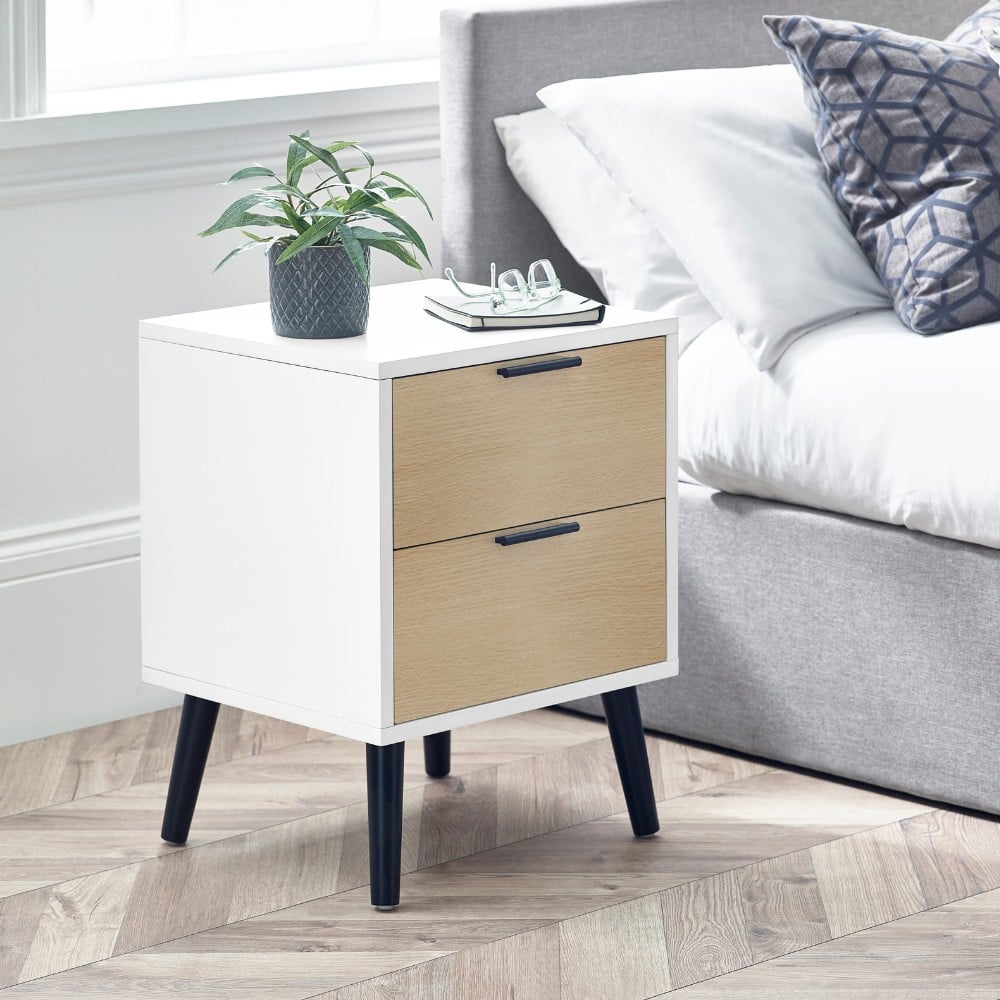 Alba – 2-Drawer Bedside Table – White and Oak Grey – Lacquered MDF - Happy Beds