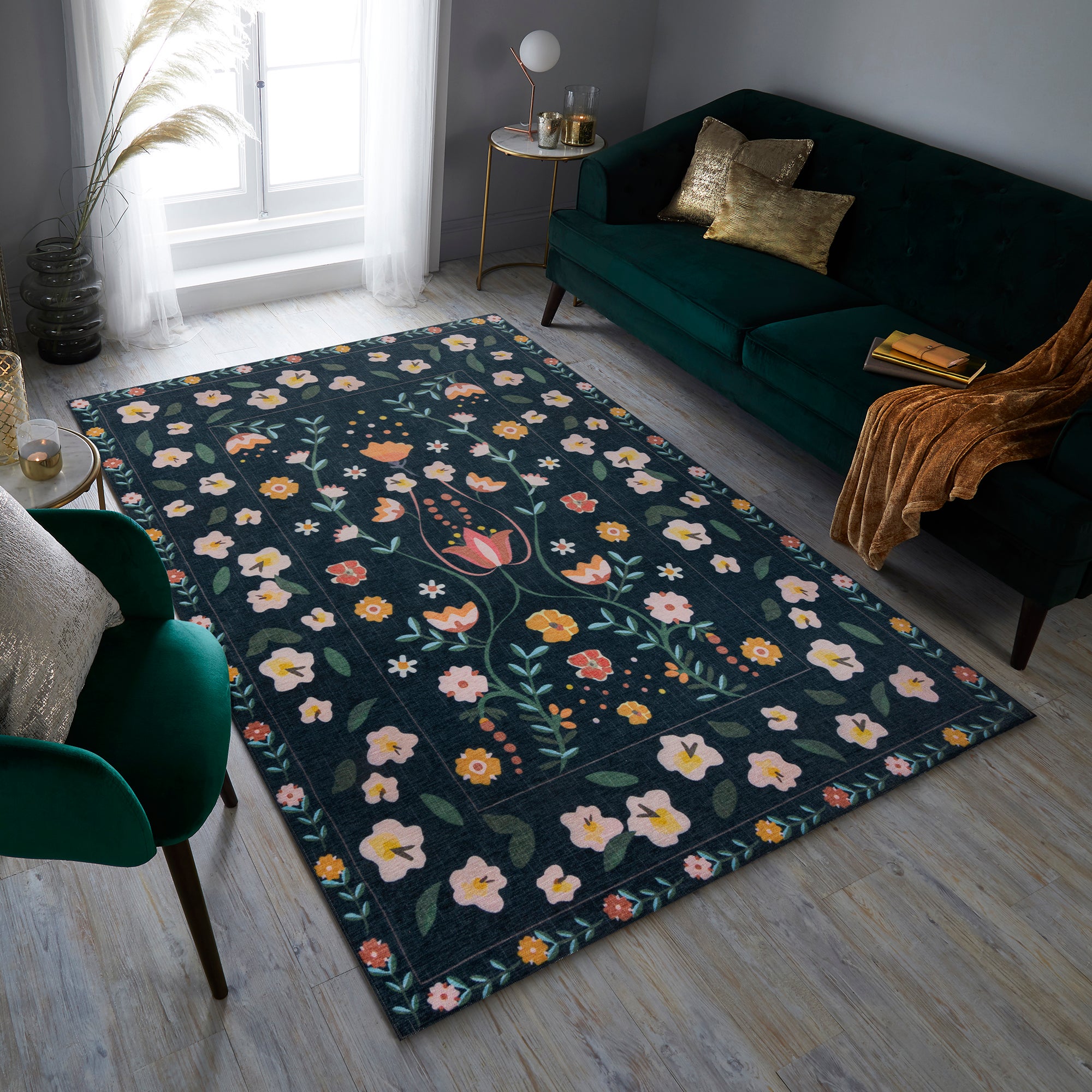 Match Nordic Floral Washable Rug Navy