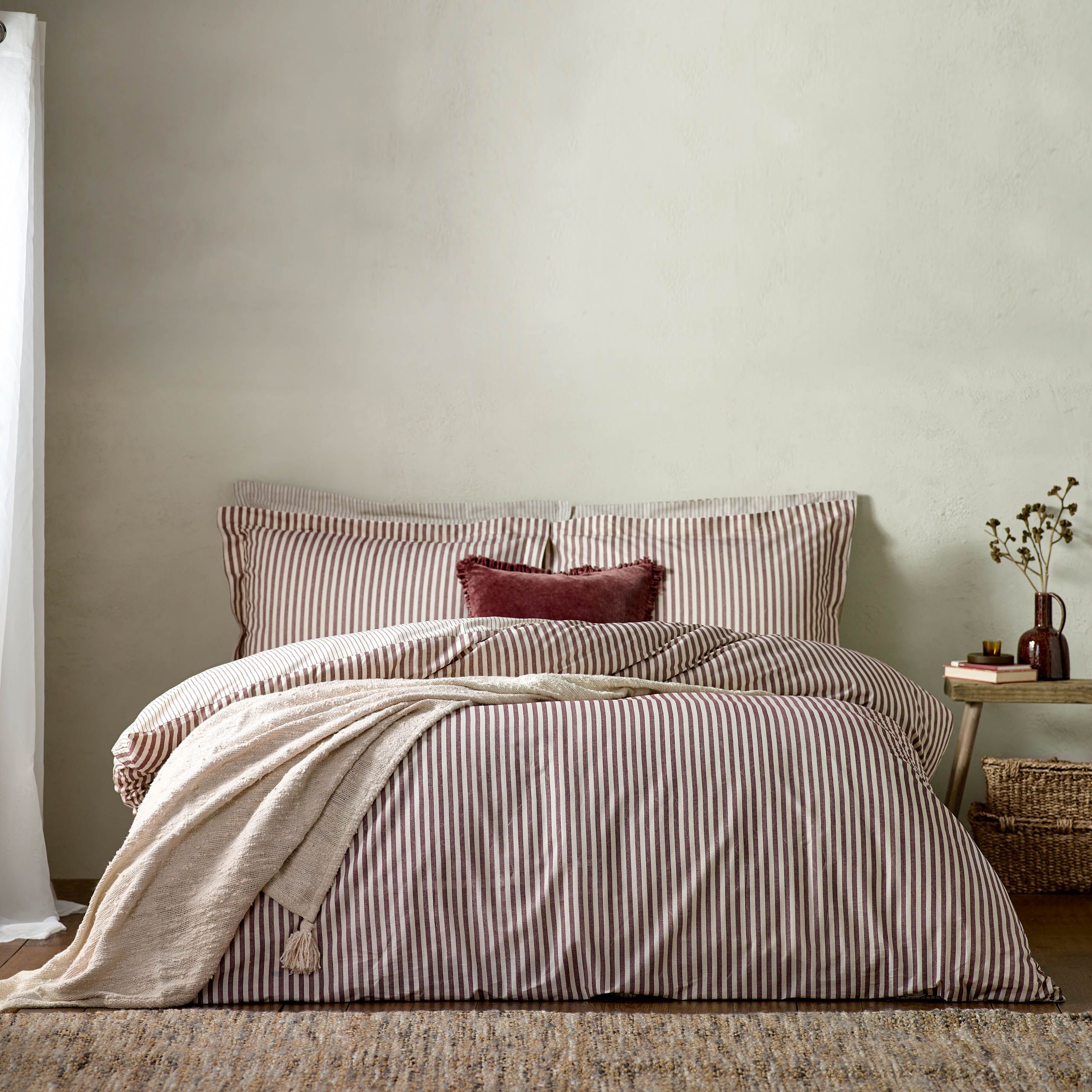 Yard Hebden Striped 100% Cotton Duvet Cover Set in Dark Red