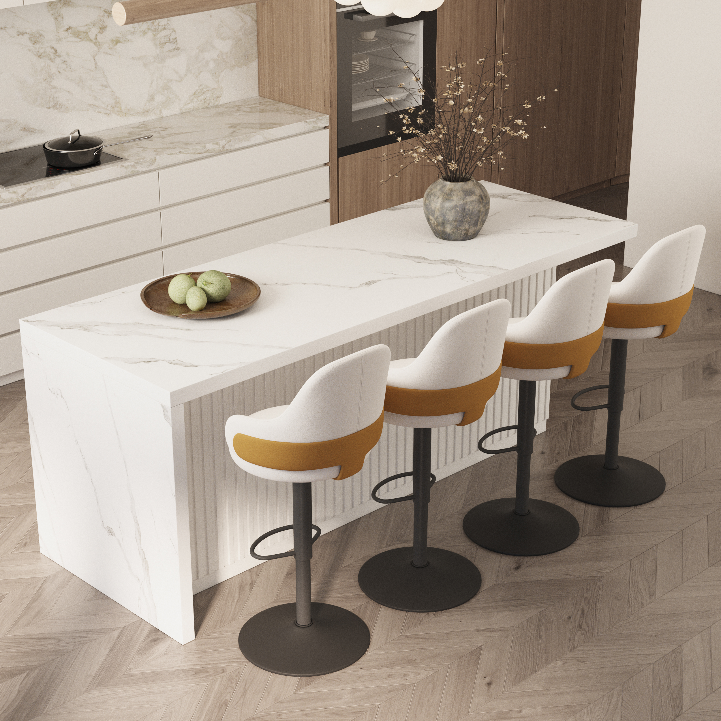 1830mm Large White Kitchen Island & 4 White Velvet Swivel Bar Stools Set Adjustable