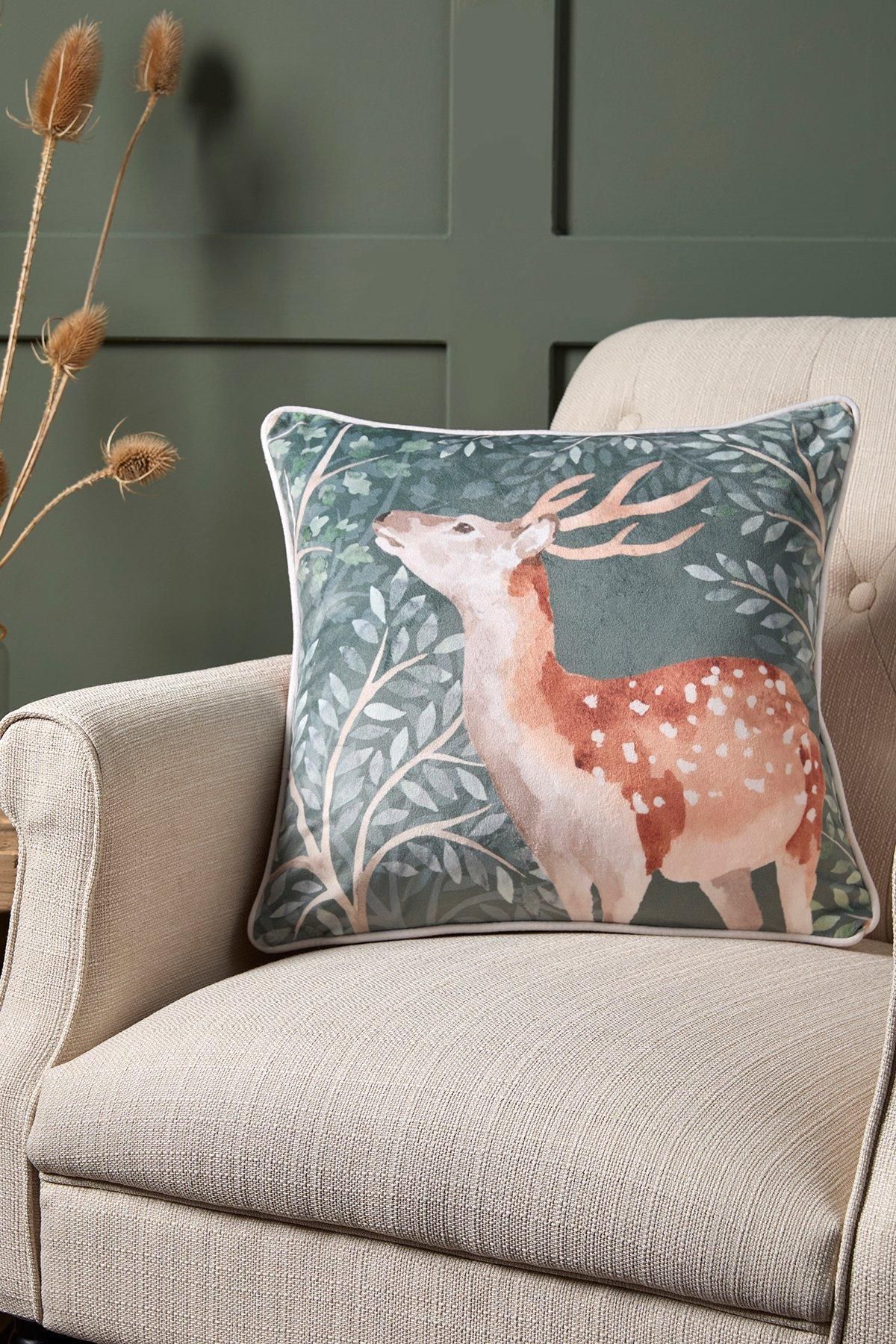 Dreams & Drapes 'Forest Animals' Deer Print Velvet Filled Cushion in Green