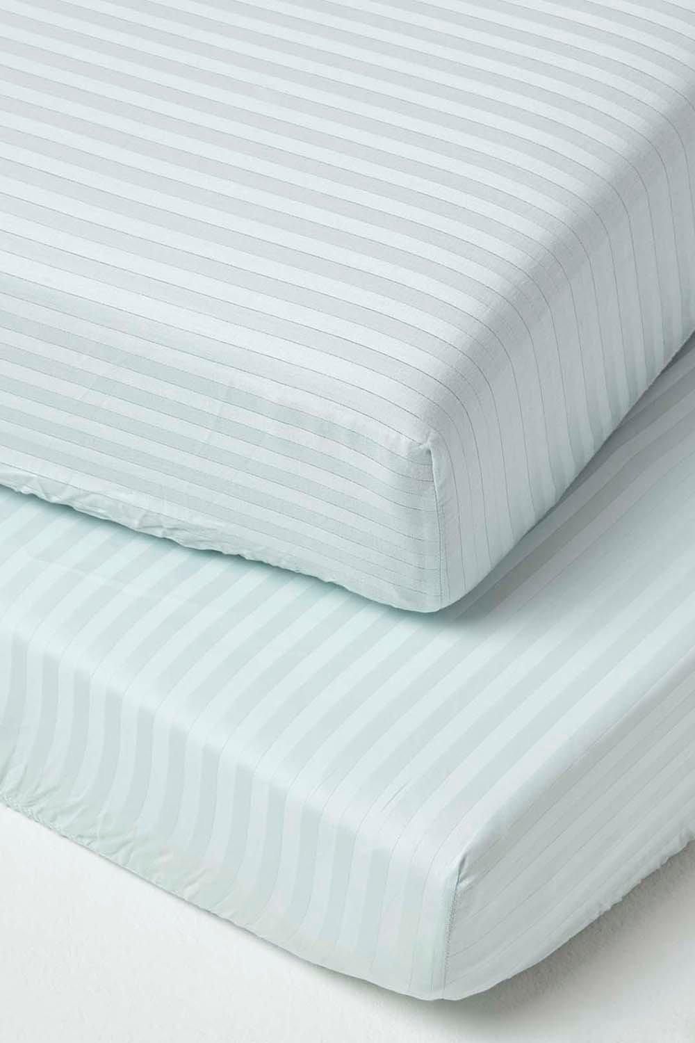 Homescapes Cotton Stripe Fitted Cot Sheets 330 Thread Count, 2 Pack in Blue