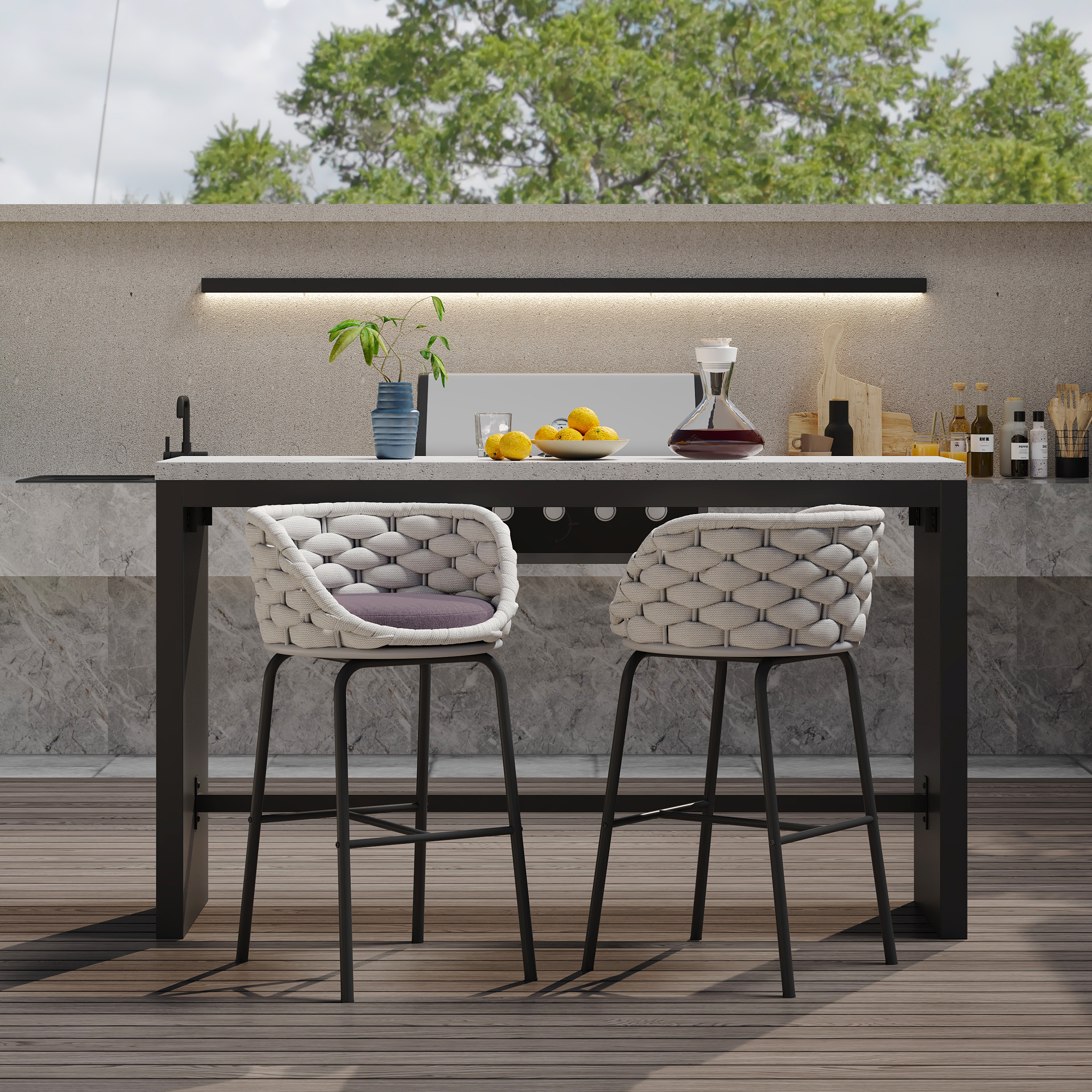 2 PCS Woven Rope Patio Bar Stool Modern Yard & Patio Chairs in Grey (Set of 2)