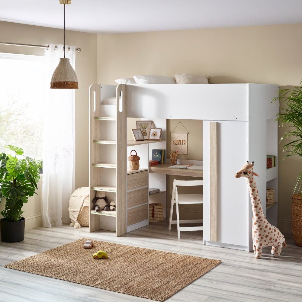 Ocean - Single – Storage High Sleeper with Drawers, Shelves, Desk and Wardrobe – Pale Wood/White - Wooden - 3ft