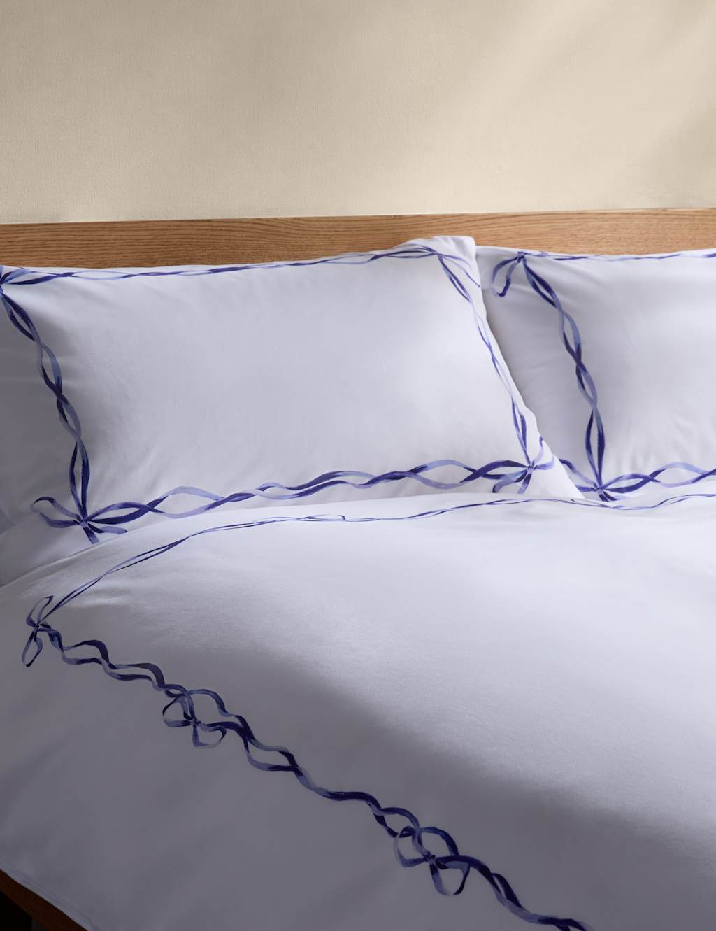M&S Pure Cotton Bow Border Print Bedding Set Blue Mix