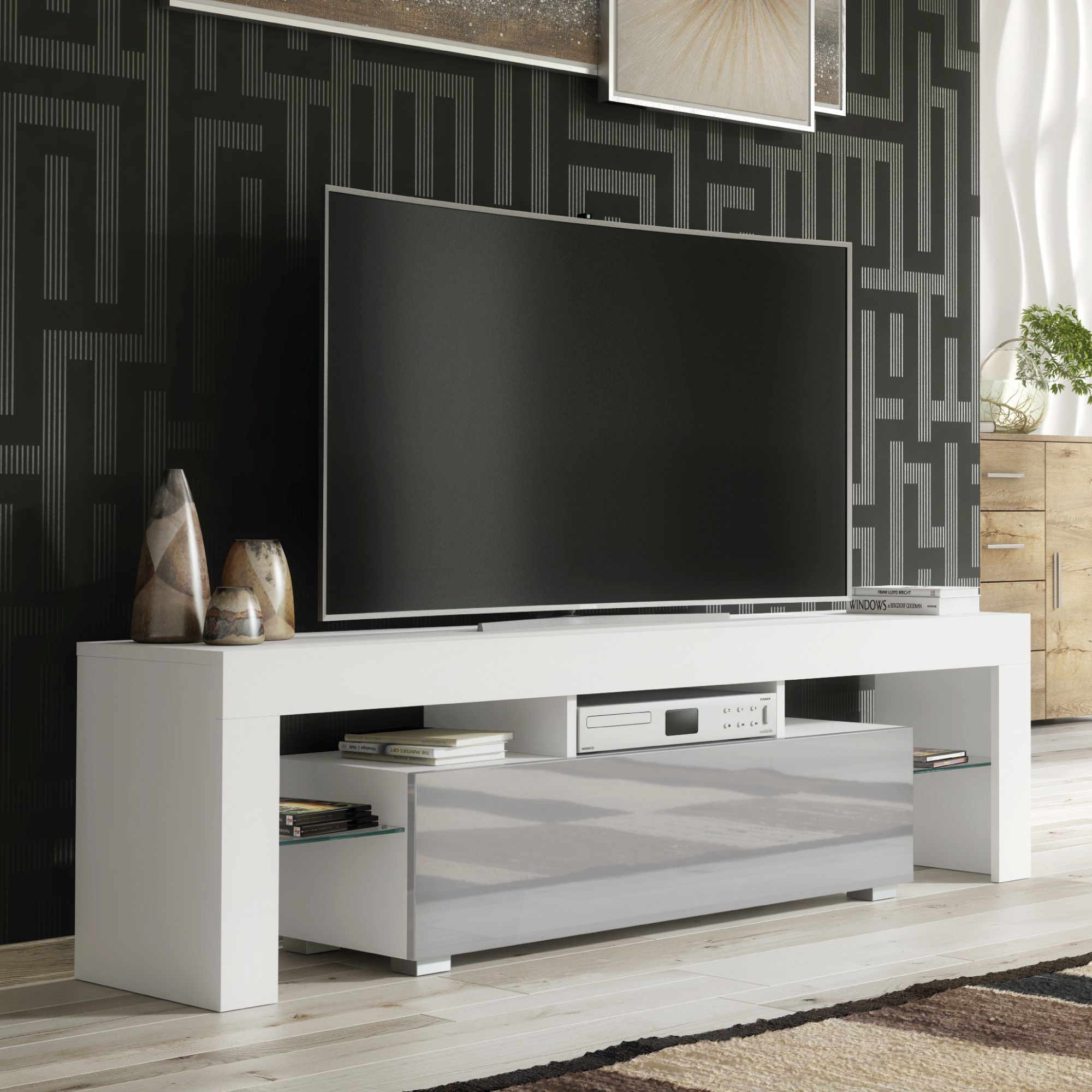 Creative Furniture TV Unit 160cm Stylish Modern - White with High Gloss Grey Doors