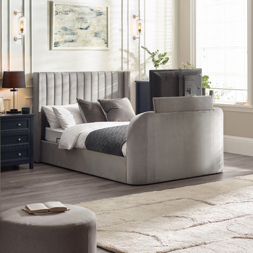 Clara - Super King Size - Side-Lift Ottoman TV Bed - Light Grey - Velvet - 6ft - Happy Beds