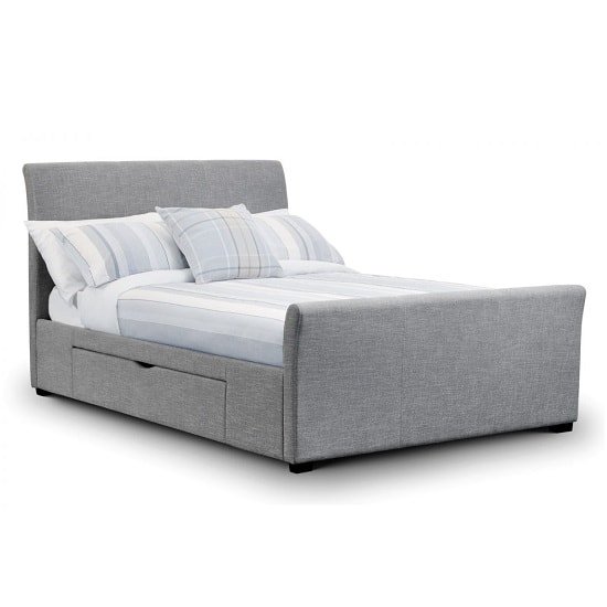 Emily Fabric Double Bed In Light Grey linen With 2 Drawers
