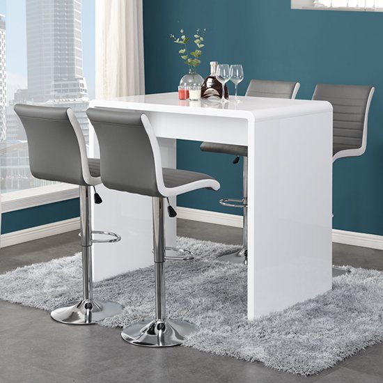 Glacier Gloss Bar Table In White With 4 Ritz Grey White Bar Stools