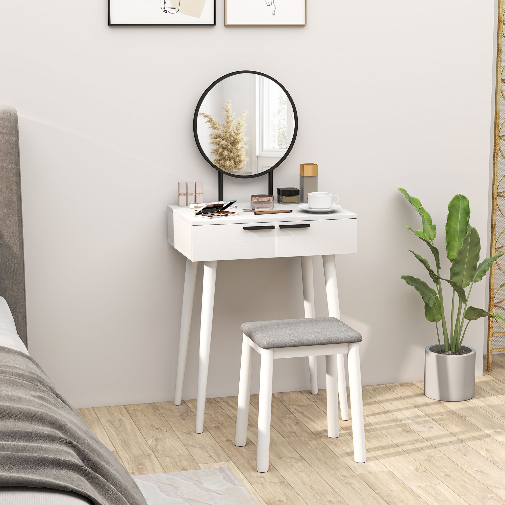 HOMCOM Dressing Table Vanity Set Make Up Desk with Mirror & Stool White