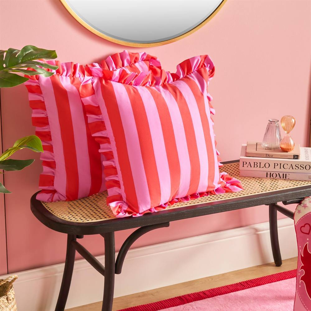 OHS 2 Pack Stripe Frill Cushion Cover in Bright Pink