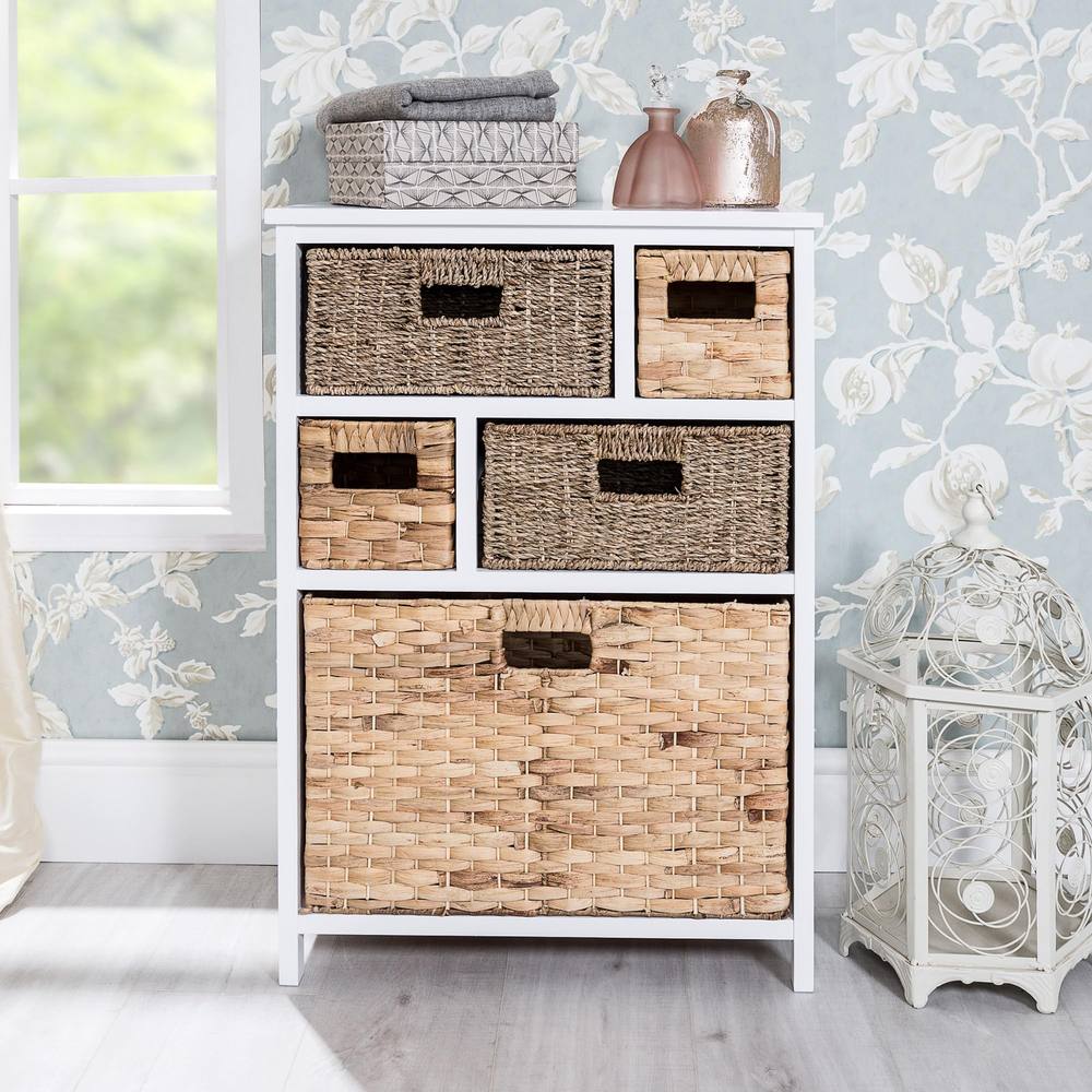 Statement Furniture Tetbury 5 Drawer Storage Unit White with Hyacinth & Seagrass Baskets