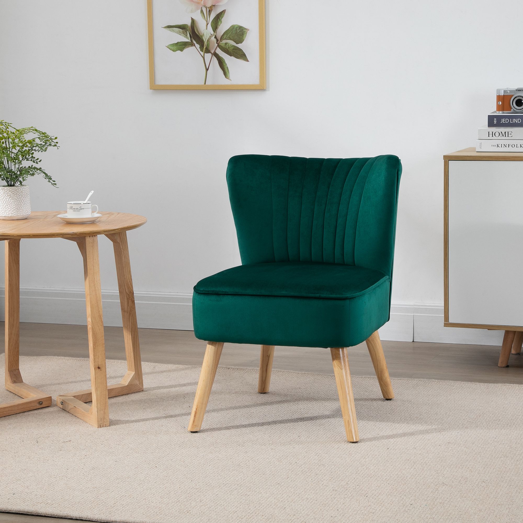 HOMCOM Fabric Accent Chair Modern Leisure Chair with Wood Legs & Armless Design in Green
