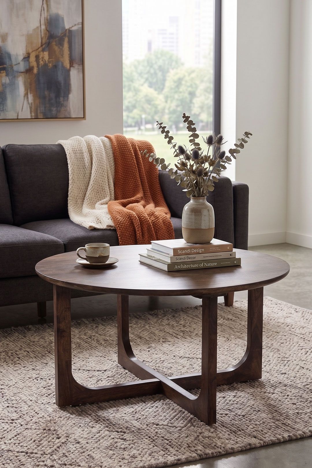IH Design Nolan Natural Mango Wood Round Coffee Table in Brown