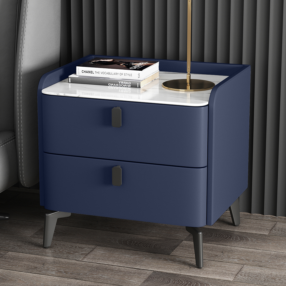 Modern Bedside Table with 2 Drawers Bedroom Bedside Table in Deep Blue, Faux Marble Top