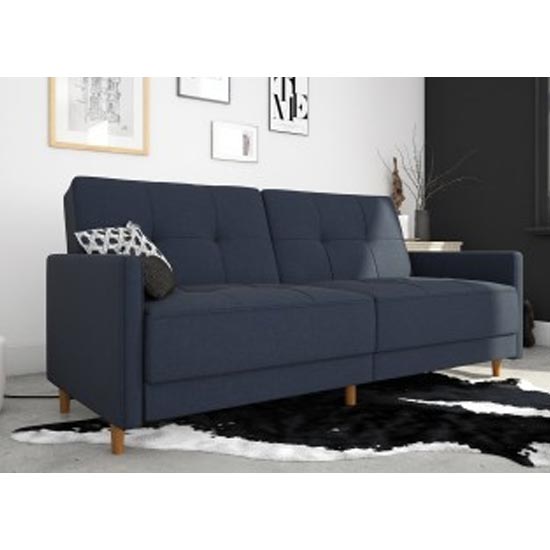 Andora Leather Sprung Sofa Bed In Blue Linen With Wooden Legs