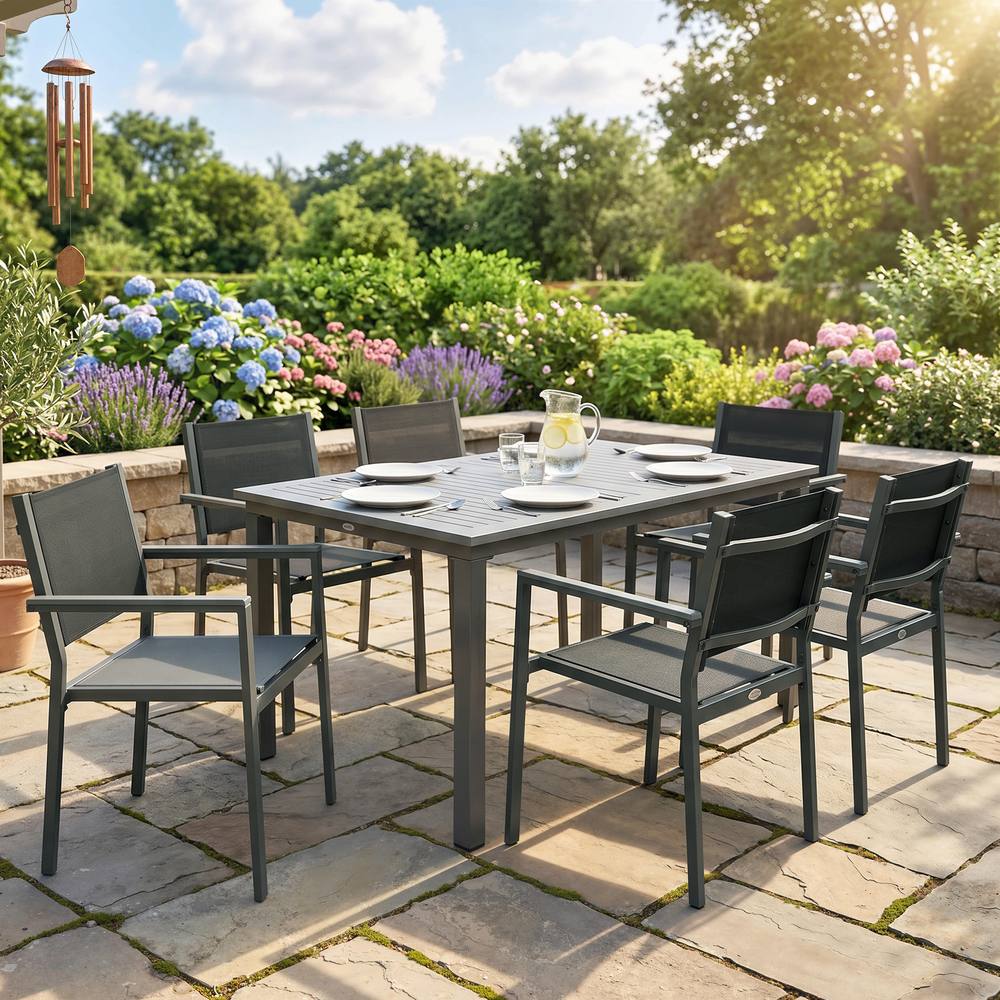 OUTSUNNY Garden Dining Set with Acacia Wood Table Top, Stackable Chairs in Grey