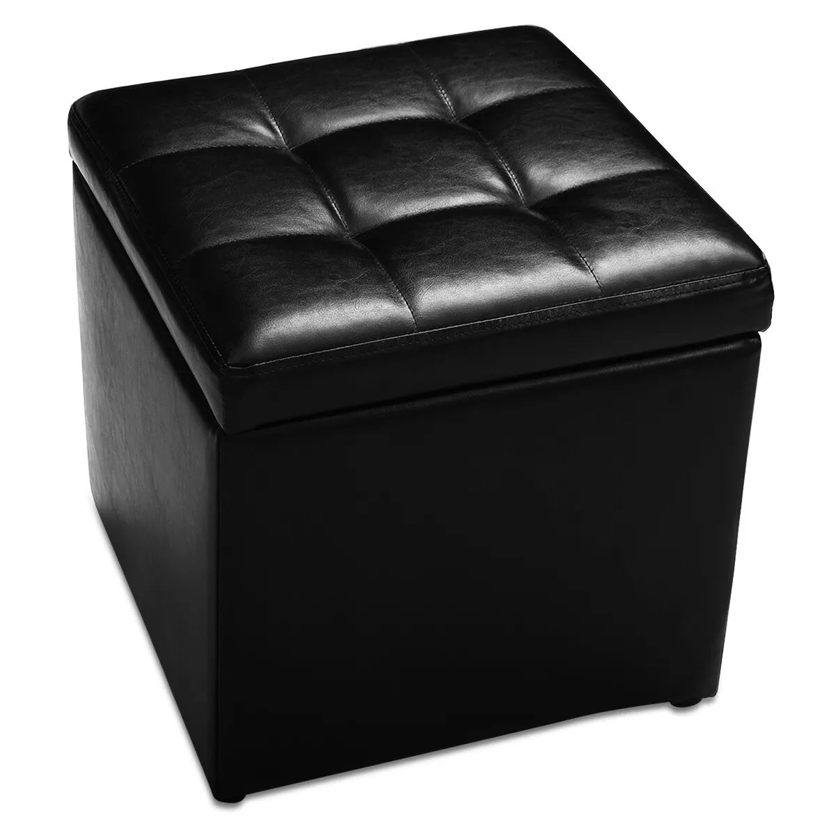 Costway Faux Leather Storage Ottoman Cube Pouffe Storage Toy Box Padded Foot Stool in Black