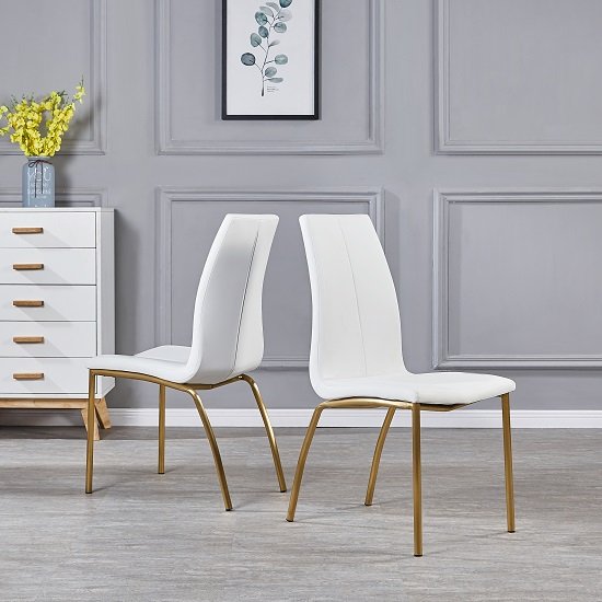Opal Dining Chair In White Faux Leather With Brushed Gold Base