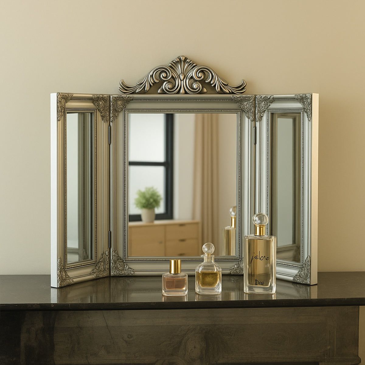 Melody Maison Ornate Silver Dressing Table Triple Mirror in Metallic Silver