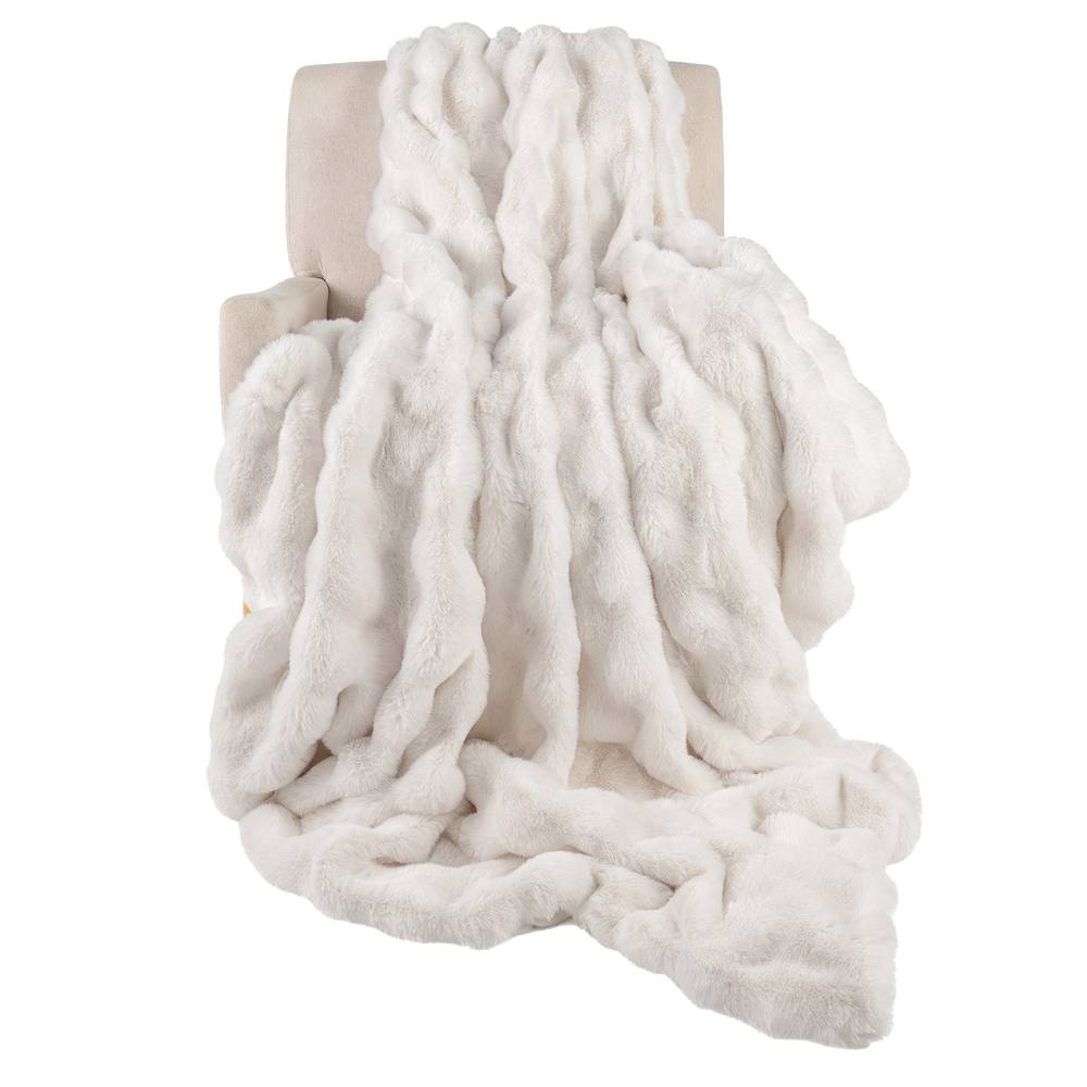 Costway 203x153cm Faux Fur Throw Blanket Fuzzy Plush Bubble Blanket in White