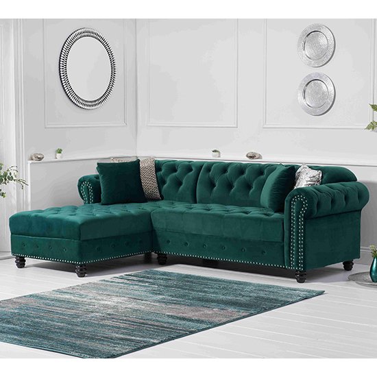 Bicasto Velvet Left Handed Chaise Corner Sofa In Green