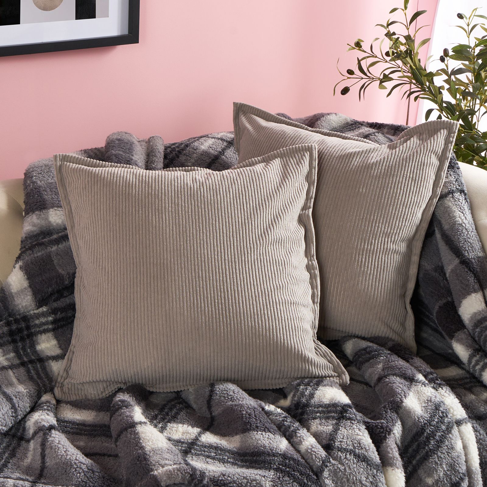 OHS 2 Pack Ribbed Oxford Edge Corduroy Cushion Covers Square Pillowcases in Grey