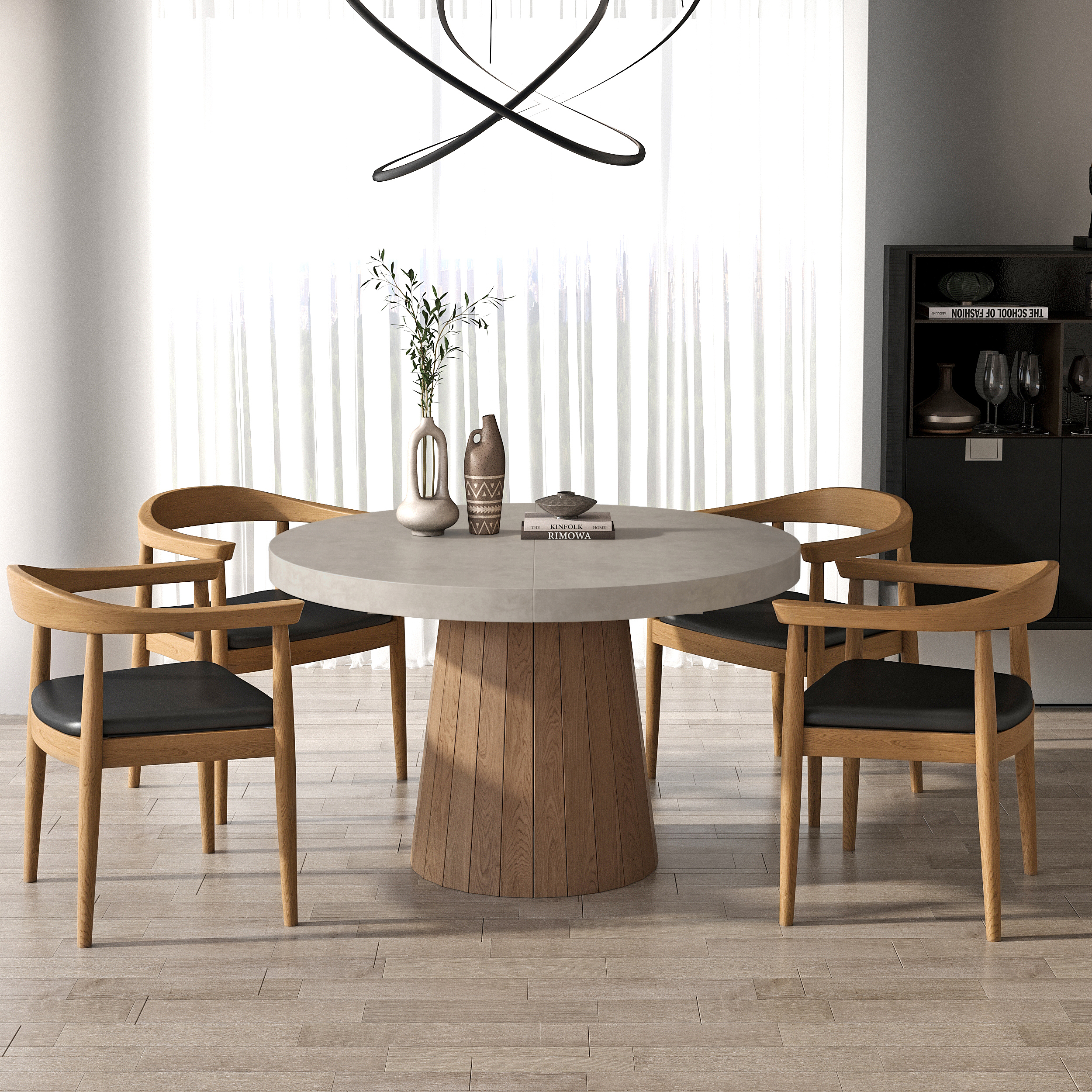 Japandi 1000mm-1400mm Extendable Oval&Round Dining Table & 4 Chairs Set Walnut Wooden
