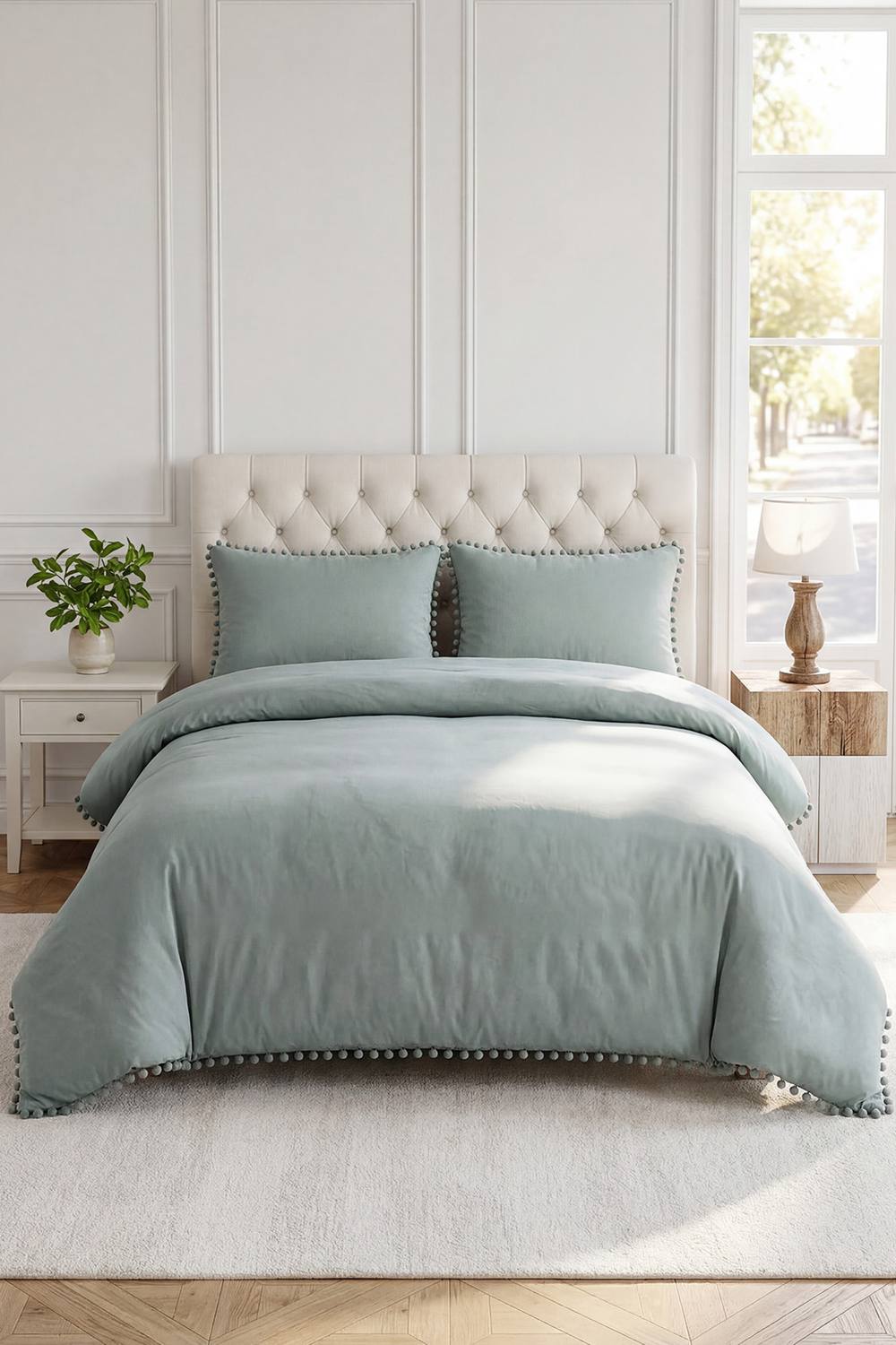 3Pcs Plain Double Bed Duvet Cover with Two Pillowcases in Green