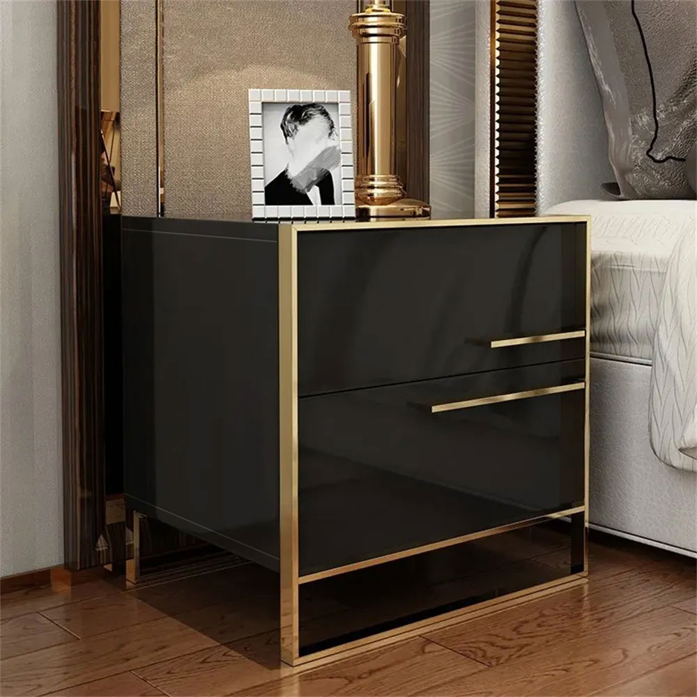 Cylina Modern 2 Drawers Black Lacquer Bedside Table in Gold