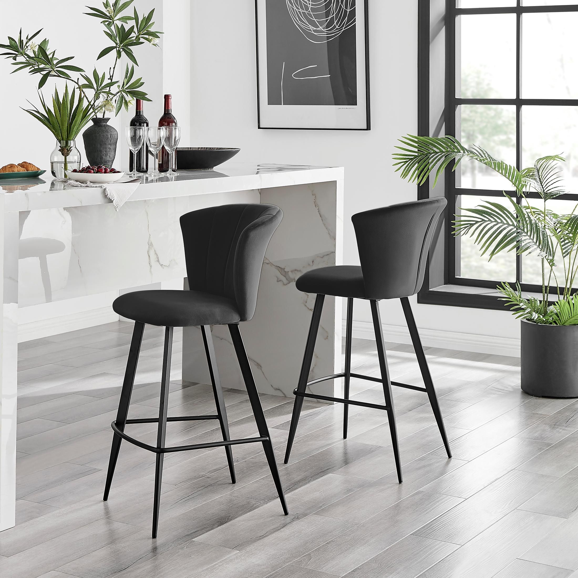 FurnitureboxUK Set of 2 Juniper Soft Touch Velvet Fluted Art Deco Counter Stools With Black Metal Legs