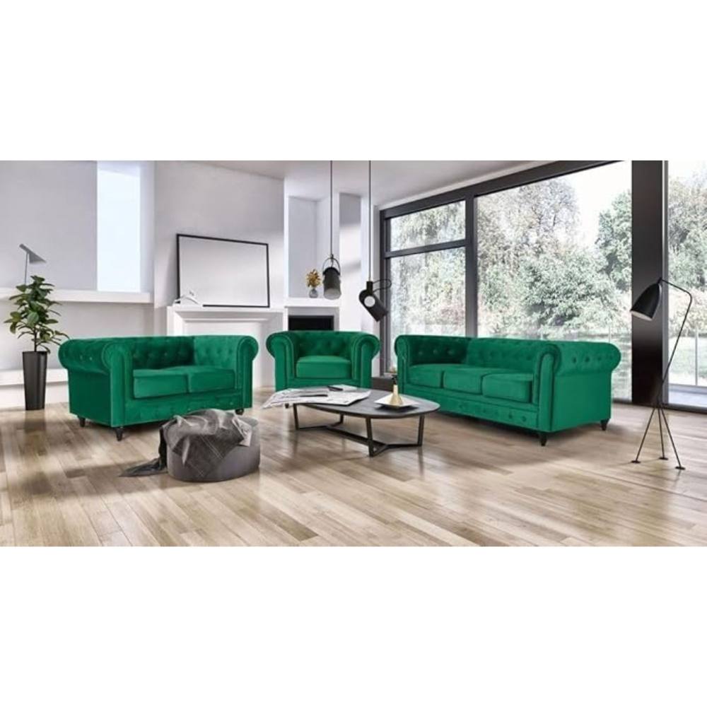 Bliss Furniture Velvet Chesterfield Sofa Suite Armchair 2 & 3 in Green