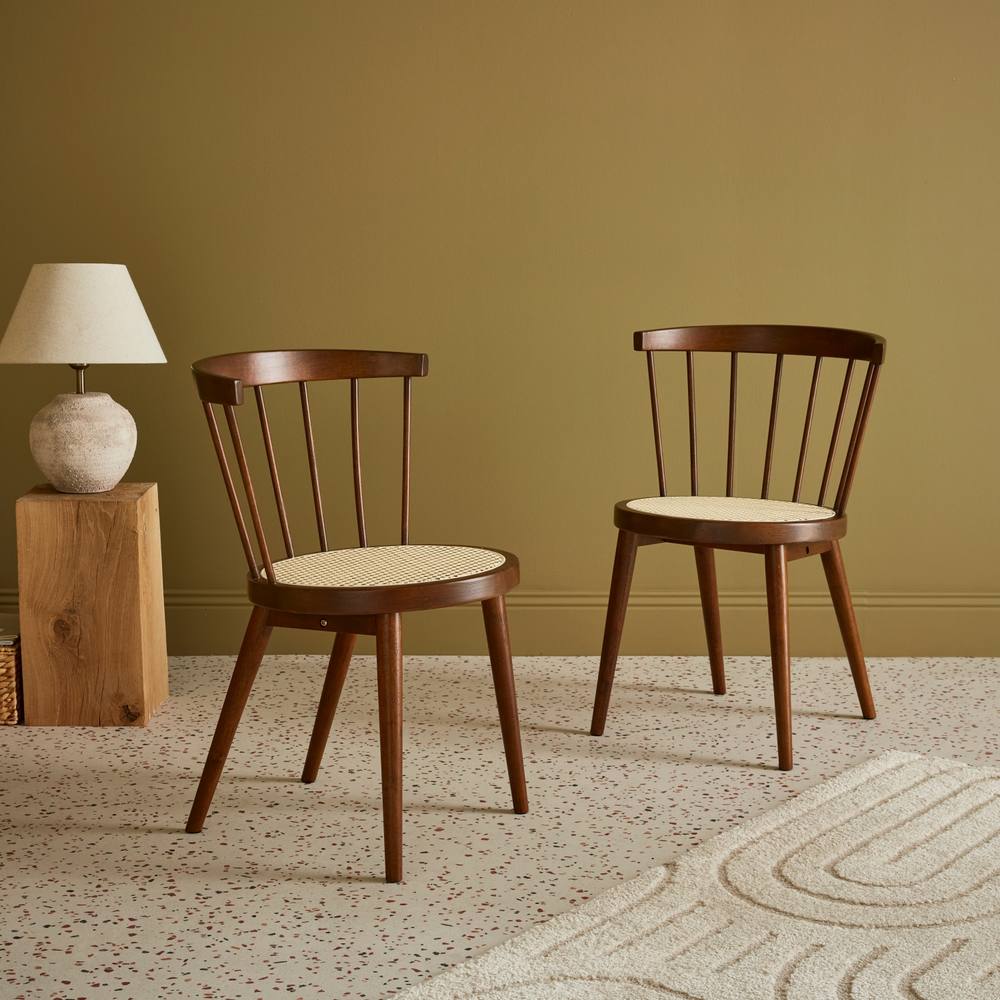 sweeek Pair Of Wood & Cane Dining Chairs in Dark Brown