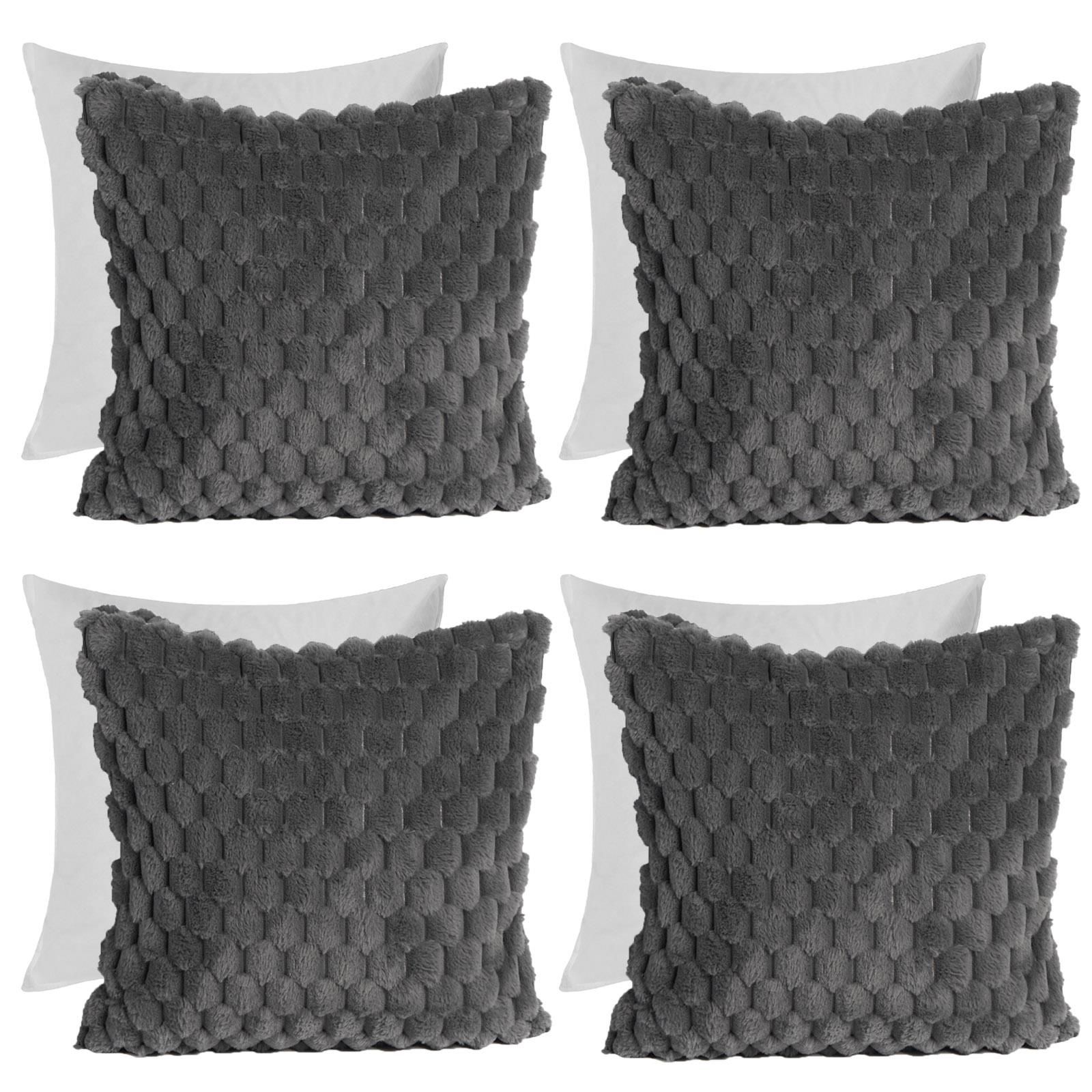 OHS 4 Pack Waffle Faux Fur Filled Cushion Covers - 45 x 45cm in Charcoal